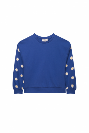 Sweater bloemen op mouwen kobalt